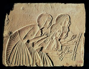 Tavoletta raffigurante quattro scribi al lavoro, Nuovo Regno, c.1400 a.C. da Egyptian 18th Dynasty