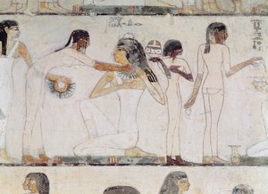 La toilette delle nobildonne, dalla Tomba di Rekhmire, visir di Tuthmosis III e Amenhotep II, Nuovo Regno (dipinto murale)