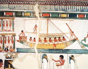 La nave solare, dettaglio del pellegrinaggio ad Abido, affresco, parete nord, sala da pranzo lunga, Tomba Tebana TT69, Sheikh Abd el-Qurna, Tebe (Patrimonio Mondiale dell