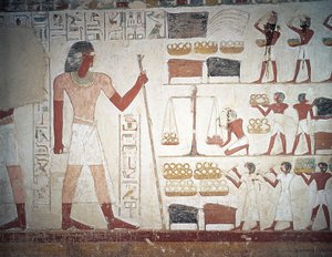 La pesatura del rame, affresco, Tomba di Userhat, tutore e scriba durante il regno di Amenhotep II, conosciuta anche come tomba TT56, Sheikh Abd el-Qurna, Tebe (Lista del Patrimonio Mondiale dell