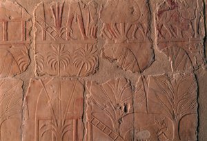 Villaggio con capanne, scene del regno di Punt, parete sud del colonnato centrale, Tempio Mortuario di Hatshepsut, Deir el-Bahari, Necropoli Tebana (Lista del Patrimonio Mondiale UNESCO) da Egyptian 18th Dynasty
