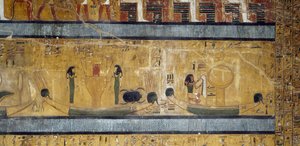Barche con sistri, dee e scarabeo, dio con piuma di struzzo e luna su scatola, affresco dalla grande Sala Ipostila della Tomba di Seti I, Valle dei Re, Luxor, Tebe (Unesco) da Egyptian 19th Dynasty
