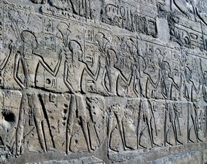 Personaggi che simboleggiano i distretti minerari che portano i loro tributi a dio, rilievo, Cortile di Ramesses II, Tempio di Amun da Egyptian 19th Dynasty