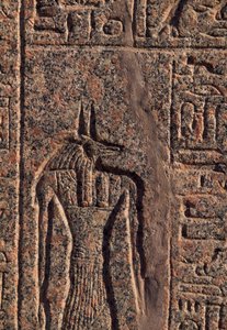 Raffigurazione di Anubi, (dettaglio), iscrizione e rilievo di Anubi e un altro dio, sarcofago di Amenhotep, Menfi (Patrimonio Mondiale dell