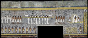 Egitto, Tebe, Luxor, Valle dei Re, Tomba di Ramses I, dipinto murale di Ra nella barca solare nella camera sepolcrale della XIX dinastia da Egyptian 19th Dynasty