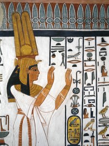Egitto, Tebe, Luxor, Valle delle Regine, Tomba di Nefertari, pittura murale della Regina che recita la formula funeraria nella camera funeraria della XIX dinastia