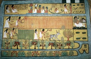 Egitto, Tebe, villaggio degli operai di stato a Dayr al-Madinah, tomba di Sennedjem, affresco che raffigura scene agricole nei campi di Ialu, Nuovo Regno, XIX dinastia da Egyptian 19th Dynasty