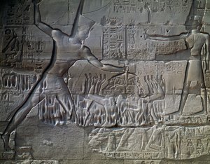 Prigionieri libici, rilievo, parete esterna della Grande Sala Ipostila, Tempio di Amon, Complesso del Tempio di Karnak (Lista del Patrimonio Mondiale UNESCO) da Egyptian 19th Dynasty