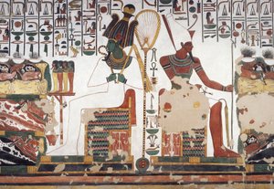 Osiride e Atum, affresco, parete est, camera laterale est, Tomba di Nefertari (QV66), Valle delle Regine, Tebe (Lista del Patrimonio Mondiale dell