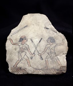 Ostrakon raffigurante due uomini che combattono con bastoni, da Deir El-Medina, Nuovo Regno