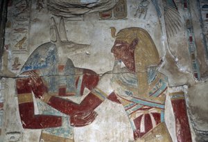Rilievo dipinto raffigurante il Faraone e il dio Anubi, cappella di Osiride, Tempio di Seti I da Egyptian 19th Dynasty