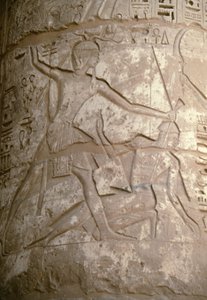 Ramses che tiene i suoi nemici asiatici per i capelli mentre si prepara a ucciderli, rilievo, Tempio di Seti I, Kanais, Egitto, Civiltà Egizia, Nuovo Regno, Dinastia XIX (foto)