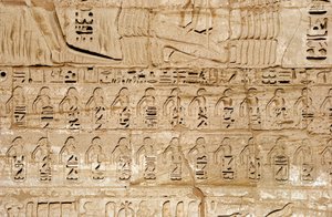 Antichità egizia: dettaglio dei rilievi del primo pilone che rappresentano gli emblemi delle città conquistate dal faraone Ramses III. Tempio funerario di Ramses III. Luxor, Medinet Habou, Egitto da Egyptian 20th Dynasty