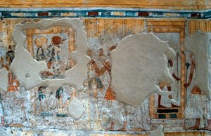 Antichità egiziane: rappresentazione di Shuroy e sua moglie che adorano il dio Thot e la dea Ra. Dipinto della tomba di Shuroy da Egyptian 20th Dynasty