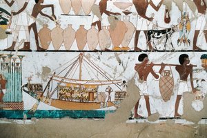 Pittura murale raffigurante scena di trasporto del vino su barca, dal Nuovo Regno da Egyptian 20th Dynasty