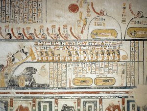 Processione che segue la navigazione celeste del dio Sole Ra, Libro della Terra, (dettaglio) dagli affreschi della camera funeraria della Tomba di Ramesse VI, Valle dei Re, Luxor, Tebe (Patrimonio dell