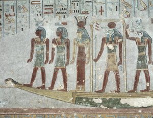 Rilievo raffigurante Khnum in una barca funeraria che attraversa l