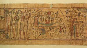 Libro delle immagini mitologiche di Nespakachuty, la separazione del cielo e della terra con la barca solare da Egyptian 21st Dynasty
