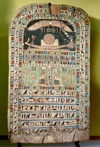 La dea Udjarenes che adora il sole, a sinistra il dio Ra-Horakhty, a destra il dio Aton, legno dipinto. Civiltà egizia, Periodo Tardo, Dinastia XXVI da Egyptian 26th Dynasty