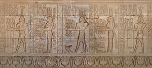 Antichità egiziane: processione di divinità - (dettaglio) della parete est del tempio della dea Hathor a Denderah, Egitto - Civiltà egizia: processione di divinità, scolpita sulla parete del Tempio di Hathor (o Tempio di Tentyra) a Denderah, costruito sott