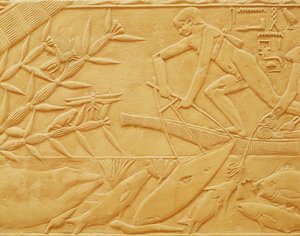 Scena di pesca, dalla Mastaba di Kagemni, Antico Regno (calcare)