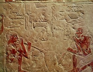 Rilievo raffigurante soffiatori di vetro, dalla Mastaba di Kaemrehu, Saqqara, Antico Regno, c.2325 a.C. (calcare dipinto) da Egyptian 6th Dynasty