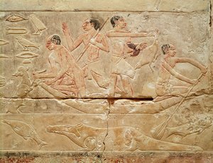 Rilievo raffigurante uomini in una barca, dalla Tomba della Principessa Idut, Antico Regno, c.2330 a.C. (calcare dipinto)