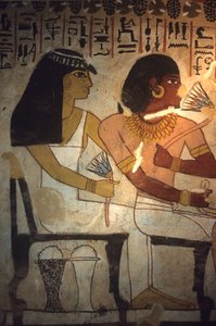 Antico Egitto, Pittura Murale, Tomba di Sennufer, Tebe, Sennufer e sua sorella Merit tengono fiori di loto, Sennufer, Sindaco di Tebe e sovrintendente sotto il Faraone Amenofi II da Egyptian Egyptian