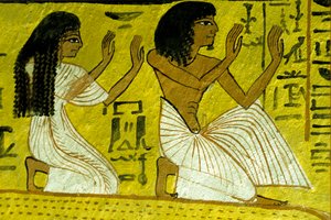 Antico Egitto, Pittura murale, Sennedjem e sua moglie inginocchiati davanti agli Dei, Tomba di Sennedjem, Tebe, Deir el Medina