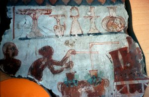 Frammento di un affresco originariamente da Tebe, raffigurante due figure maschili nell