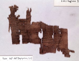 Papiro letterario: "Fedro" di Platone (-428; -348), filosofo greco. Università di Milano, Istituto di Papirologia