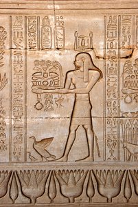 Antichità egizia: rappresentazione di un uomo che porta offerte alla dea, Tempio di Hathor, Denderah, Egitto - Civiltà egizia: un uomo che porta offerte alla dea Hathor, scolpito sulla parete del Tempio di Hathor (o Tempio di Tentyra) a Denderah da Egyptian Ptolemaic Period