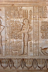 Antichità egizia: rappresentazione di una giovane donna che porta offerte in omaggio alla dea, Tempio di Hathor, Denderah, Egitto
