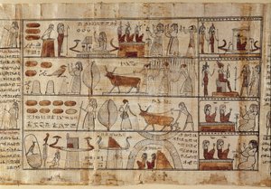 Antichità egiziane: i Campi Elisi. Pittura su papiro dal Libro dei Morti. Periodo tolemaico. Museo Egizio, Torino