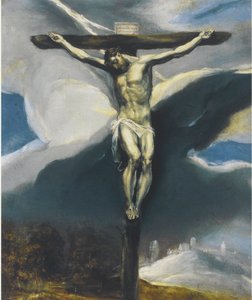 Cristo in croce in un paesaggio da El Greco