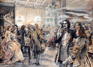 Celebrazioni pasquali alla corte di Pietro il Grande - Dipinto di Elena Petrovna Samokish Sudkovskaya (Samokish-Sudkovskaya)(1863-1924) - Acquerello, Gouache su cartone, 25,38x35 - Collezione privata da Elena Petrovna Samokish Sudkovskaya