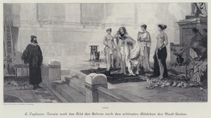Artista greco antico Zeusi che sceglie tra le donne più belle della città di Crotone il modello per il suo dipinto di Elena di Troia (incisione) da Eleuterio Pagliano