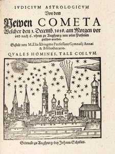 Una nuova cometa vista da Augspurg, Germania il 1 dicembre, 1618, pub. 1618