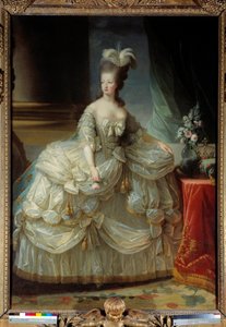 Ritratto a figura intera di Maria Antonietta di Lorena Asburgo, Regina di Francia (1755-1793) in abito di corte, con una rosa in mano da Elisabeth Louise Vigee Lebrun