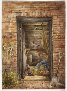 Muro di mattoni con porta aperta e pala