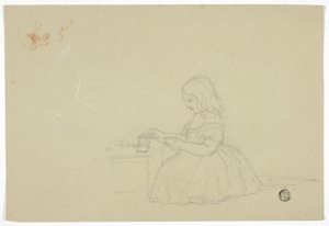 Giovane ragazza che versa il tè e schizzo di profilo (recto), e schizzo di una strada di città italiana (verso)