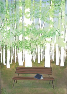 Panchina nella foresta, 2017 (acquerello e collage) da Elizabeth Rider
