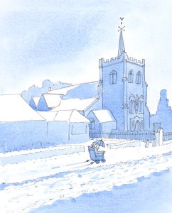 Cristo è contento quando facciamo grandi sforzi per partecipare alla Messa e riceverlo nella Santa Comunione, anche lottando contro la neve e le circostanze difficili per raggiungere la chiesa, 2005 (acquerello su carta) da Elizabeth Wang