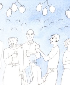 Cristo guarda con gioia quando celebriamo la vita o una buona notizia condividendo cibo e bevande con amici, a una festa, in autentico reciproco piacere, con il desiderio di dare gioia e confortare i cuori stanchi. Il Cielo da Elizabeth Wang
