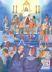 Dal tabernacolo, Cristo guarda con tristezza, mentre vede la Sua santa 