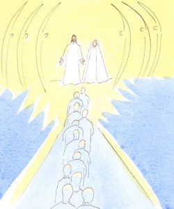 Gesù crocifisso aspetta alla porta del Cielo, con Sua madre Maria e i santi angeli da Elizabeth Wang