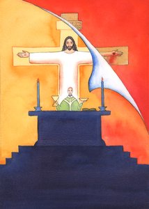 Gesù è presente con noi alla Messa, pregando il Padre per nostro conto, per aiuto nelle nostre necessità e per la salvezza eterna. Possiamo unire tutte le nostre preghiere alla sua grande preghiera sacrificale. da Elizabeth Wang