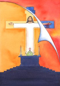 Gesù è presente con noi alla Messa, pregando il Padre per nostro conto, per aiuto nelle nostre necessità e per la salvezza eterna. Possiamo unire tutte le nostre preghiere alla sua grande preghiera sacrificale