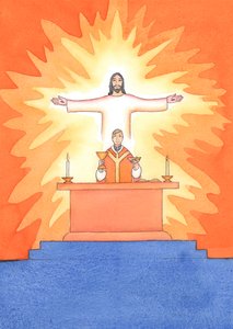 Gesù è presente con noi alla Messa, pregando il Padre per nostro conto, per aiuto nelle nostre necessità e per la salvezza eterna. Possiamo unire tutte le nostre preghiere alla sua grande preghiera sacrificale