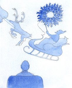 Il significato del Natale: Il Signore ha raffigurato davanti a me una gigantesca ghirlanda di fogliame e poi una sagoma di Babbo Natale su una slitta, che guida le sue renne, 2005 (acquerello su carta) da Elizabeth Wang
